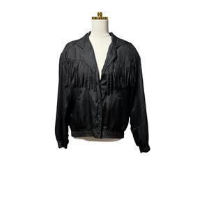 Vintage Malcolm Flowers 100% Silk Black Fringe Bomber Jacket 80s Oversized M/L